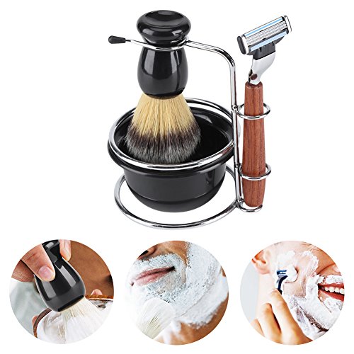 GLOGLOW Kit de cepillos de Afeitar Rosewood Profesional de 4 Piezas para Hombres, Que Incluye Soporte Manual de Acero Razor + Stainess + Set de cepillos + tazones