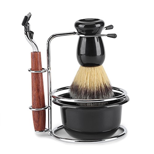 GLOGLOW Kit de cepillos de Afeitar Rosewood Profesional de 4 Piezas para Hombres, Que Incluye Soporte Manual de Acero Razor + Stainess + Set de cepillos + tazones