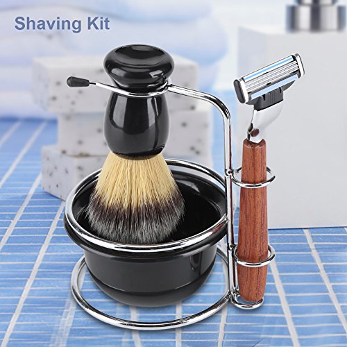 GLOGLOW Kit de cepillos de Afeitar Rosewood Profesional de 4 Piezas para Hombres, Que Incluye Soporte Manual de Acero Razor + Stainess + Set de cepillos + tazones