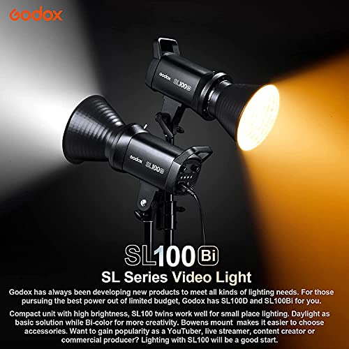 Godox SL100Bi - Lámpara LED para vídeo (100 W, 2800 K-6500 K, compensación de luz diurna, CRI96 + TLCI97 + 32100 Lux @ 1 m, 11 efectos de iluminación, control mediante aplicación con Bowens Mount