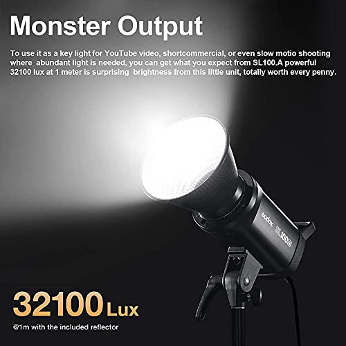 Godox SL100Bi - Lámpara LED para vídeo (100 W, 2800 K-6500 K, compensación de luz diurna, CRI96 + TLCI97 + 32100 Lux @ 1 m, 11 efectos de iluminación, control mediante aplicación con Bowens Mount