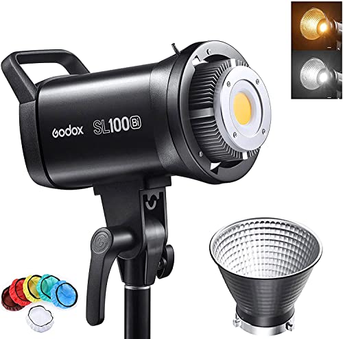 Godox SL100Bi - Lámpara LED para vídeo (100 W, 2800 K-6500 K, compensación de luz diurna, CRI96 + TLCI97 + 32100 Lux @ 1 m, 11 efectos de iluminación, control mediante aplicación con Bowens Mount