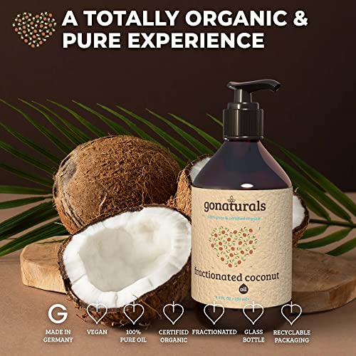 GoNaturals Aceite de Coco Fraccionado 100% Puro - Aceite Coco Fraccionado Natural, Suaviza y Calma la Piel Seca - Aceite de Coco Organico para Cara y Pelo - Aceite de Coco Masaje Corporal, 250ml