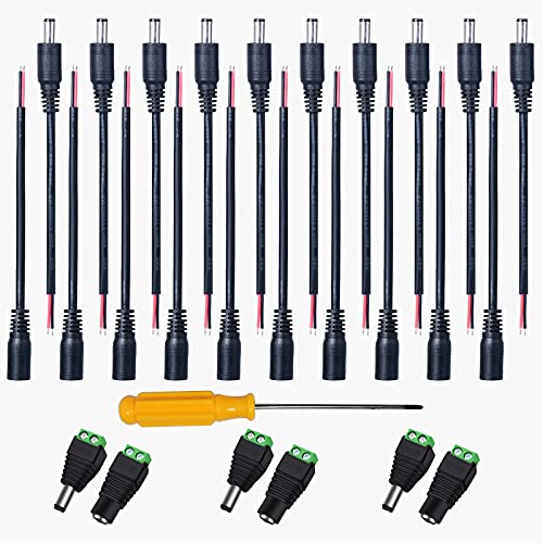 GTIWUNG 20pcs 2,1mm x 5,5 mm Enchufe Macho y Hembra, 10 Pares DC Power Pigtail Mujer DC Power Adaptador Pigtail Hombre, para Cable de Alimentación de Video CCTV Cámara de Seguridad DC Adaptador