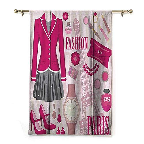 GugeABC Cortina para puerta de patio, temática de moda en París con atuendos, reloj de vestir, monedero, perfume parisienne, decoración romana, persianas para ventana, color rosa, 35 x 64 pulgadas