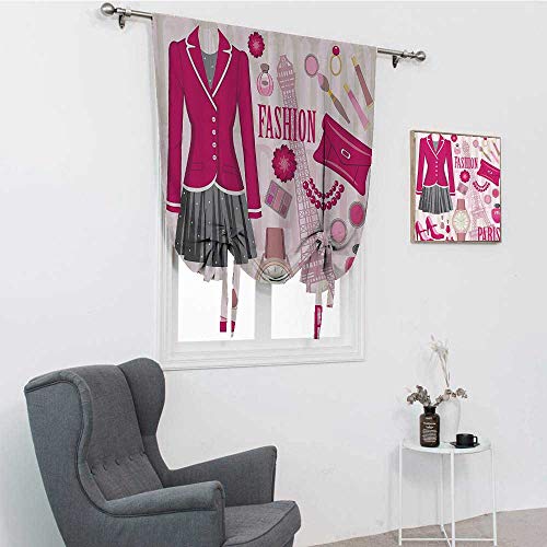 GugeABC Cortina para puerta de patio, temática de moda en París con atuendos, reloj de vestir, monedero, perfume parisienne, decoración romana, persianas para ventana, color rosa, 35 x 64 pulgadas