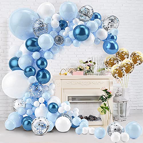 Guirnalda Decorativa para Cumpleaños, Kit de Guirnalda de Globos, 112 piezas Diseño de Macaron Metal Azul Blanco Oro Plata Confeti Globos para Niño Cumpleaño Fiesta de Decoración Arco