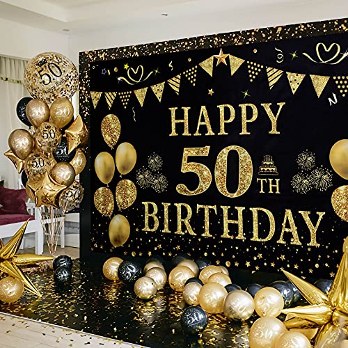 GuKKK 50 Años Decoración de Fiesta de Cumpleaños de Oro Negro, 50 Pancarta Feliz Cumpleaños, 15 Pcs Globos de Cumpleaños, Fondo Foto Cumpleaños, Póster de Tela Cartel Extra Grande para Niños Niñas