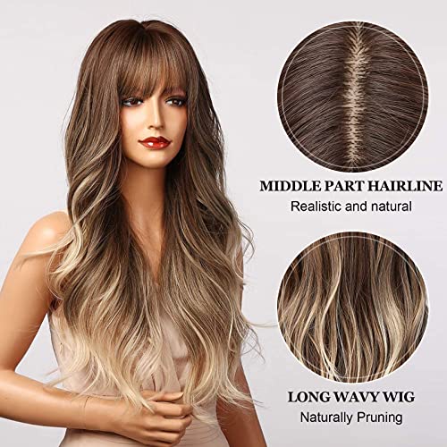 HAIRCUBE Peluca larga ondulada Ombre marrón dos tonos cola pelo rubio peluca con flequillo sintético natural para las mujeres resistente al calor Cosplay Pelucas