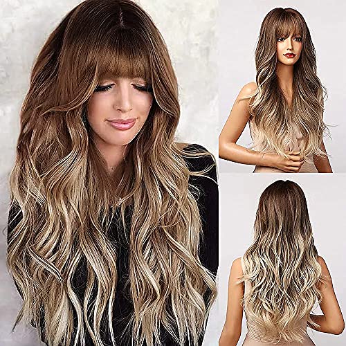 HAIRCUBE Peluca larga ondulada Ombre marrón dos tonos cola pelo rubio peluca con flequillo sintético natural para las mujeres resistente al calor Cosplay Pelucas