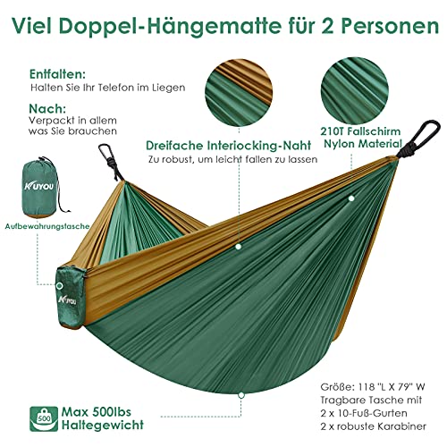 Hamaca para exteriores ultraligera con cubierta de cuerda, capacidad de carga de 300 kg (300 x 200 cm), transpirable, de secado rápido, para exteriores, interiores, jardín (verde oscuro/marrón 1)