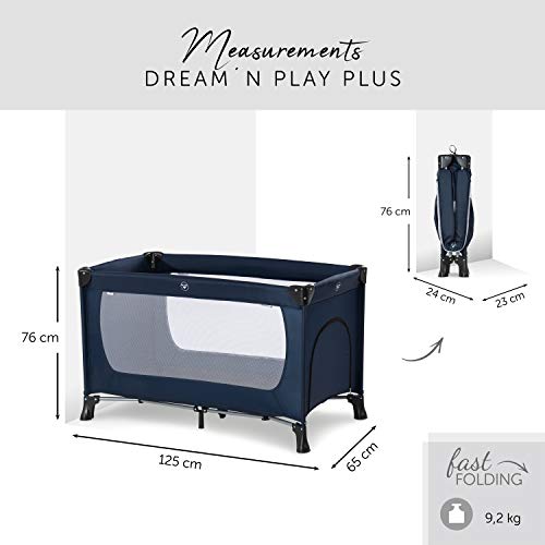 Hauck Cuna de Viaje Dream N Play Plus, para Bebes y Niños de Nacimiento hasta 15 kg, 120 x 60 cm, Entrada Lateral, Plegable, Compacta, Bolsa de Transporte, Winnie, Azul Navy