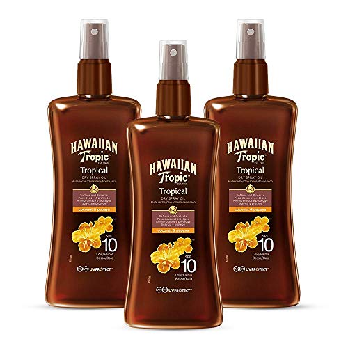 Hawaiian Tropic - Protective Dry Spray Oil - Aceite Seco Bronceador SPF 10, Fragancia de Coco y Guayaba, 200 ml, Pack de 3