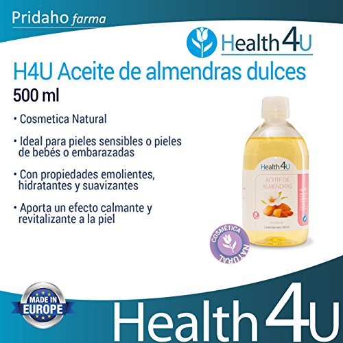 Health4U Aceite De Almendras Dulces - 100% Puro, Natural, Prensado En Frío Equilibra La Piel, Hidrata Cabello, Cuerpo Y Uñas Aceite Esencial Para Masajes Bote, 500 Mililitro