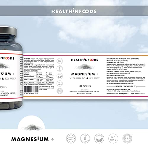 Healthinfoods | Magnesio + | Con Vitamina D3 y K2 MK7 | Reduce el Cansancio y Refuerza el Sistema Inmune | Contribuye al Funcionamiento Psicológico, los Dientes y los Huesos | 120 Cápsulas