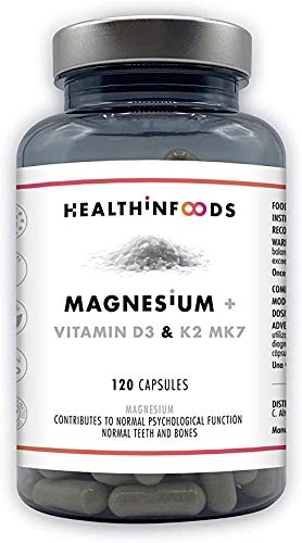 Healthinfoods | Magnesio + | Con Vitamina D3 y K2 MK7 | Reduce el Cansancio y Refuerza el Sistema Inmune | Contribuye al Funcionamiento Psicológico, los Dientes y los Huesos | 120 Cápsulas