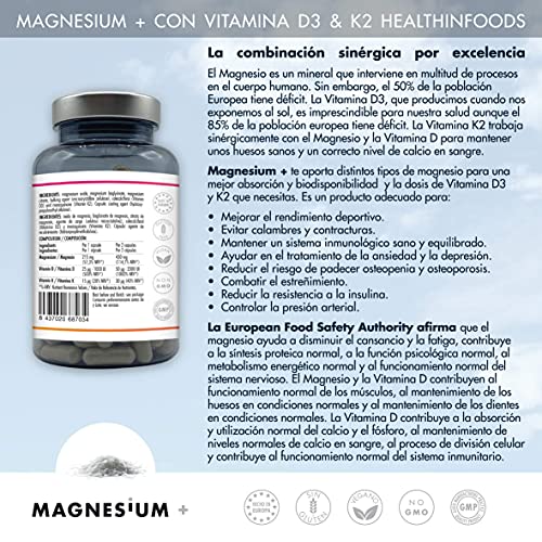 Healthinfoods | Magnesio + | Con Vitamina D3 y K2 MK7 | Reduce el Cansancio y Refuerza el Sistema Inmune | Contribuye al Funcionamiento Psicológico, los Dientes y los Huesos | 120 Cápsulas