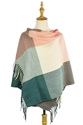 heekpek Mujeres caliente Mantas Cozy Pashmina bufanda larga tartán enrejado mantón (Rosa+Verde)