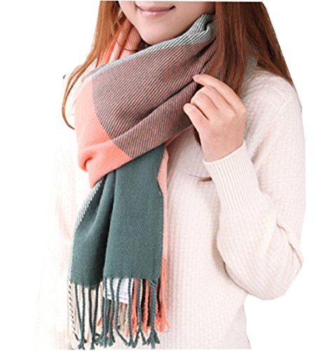 heekpek Mujeres caliente Mantas Cozy Pashmina bufanda larga tartán enrejado mantón (Rosa+Verde)