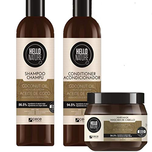 Hello Nature Coconut Oil Conditioner | Acondicionador de Aceite De Coco 300 ml | Acondicionador Pelo Dañado |Ideal para Cabello Seco | Humectación y Reparación