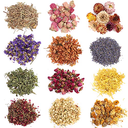 Hierbas y Flores Secas Kit de 12 Tipos de Flores Secas Naturales Jazmín Lavanda Nomeolvides Rosa Crisantemo Limoncillo Menta para Hacer Velas de jabón DIY Hacer Joyas de Resina Aroma Bombas de baño