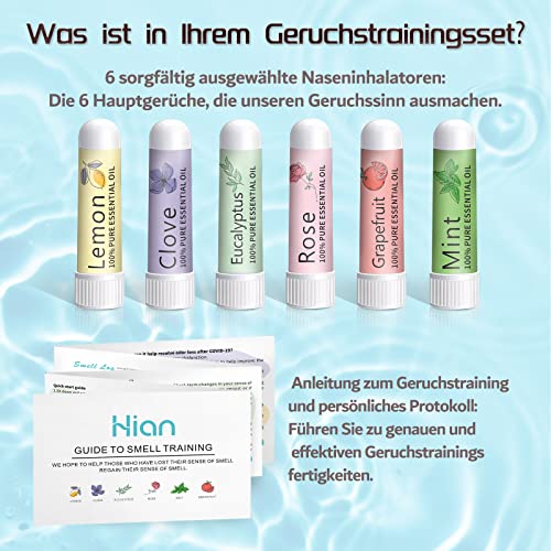 Hion Smell Training Kit, 6 aceites esenciales, el kit de entrenamiento olfativo ayuda a recuperar el sentido del olfato, aceites esenciales de limón, menta, rosa, pomelo y clavo