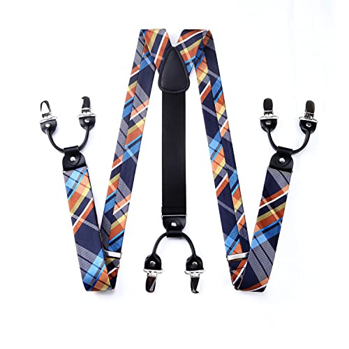 HISDERN Comprobar Raya 6 Clips Suspendedor & Corbata de mono & Plaza de bolsillo Set Forma Y Tirantes ajustables Naranja/azul