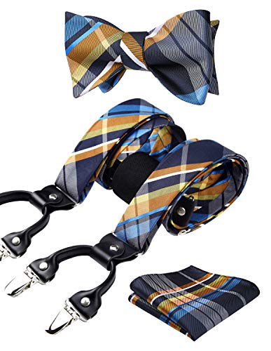 HISDERN Comprobar Raya 6 Clips Suspendedor & Corbata de mono & Plaza de bolsillo Set Forma Y Tirantes ajustables Naranja/azul