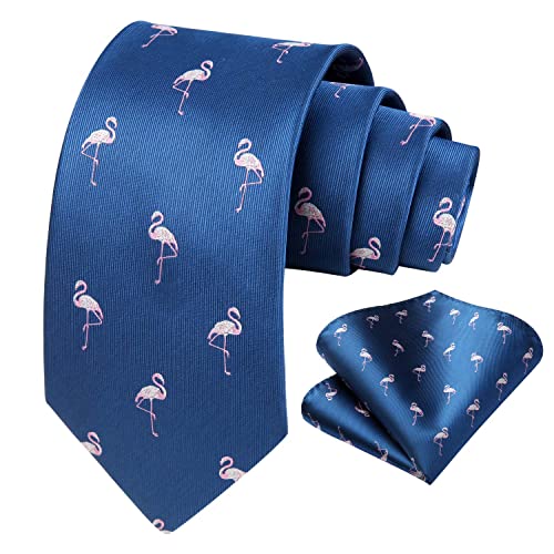 HISDERN Corbatas de Hombre azul marino con Motivo flamenco rosa Modernas Boda Corbata y Pañuelo Conjunto Elegante de Business Partido