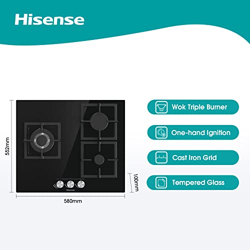 Hisense GG633B - Placa de Gas Natural, 3 Zonas, 60 cm, Parrilla de Hierro Fundido y Cristal Templado Negro, Autoencendido Integrado en los mandos, Seguridad GasStop, Fácil limpieza