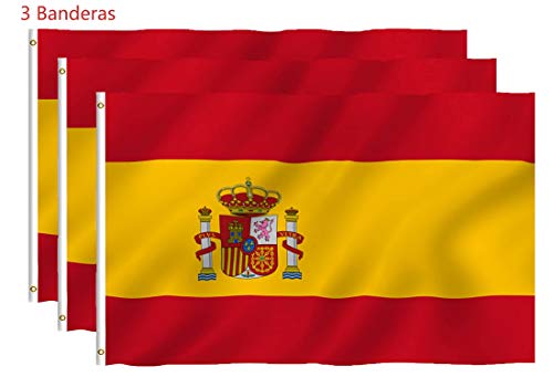 Hollylife Paquete de 3 Banderas Grandes de España, 150 x 90 cm, Anti UV y Viento, con 2 Ollados Laterales Izquieras, para Asta de Bandera Festivales Procesión Jardín Exterior