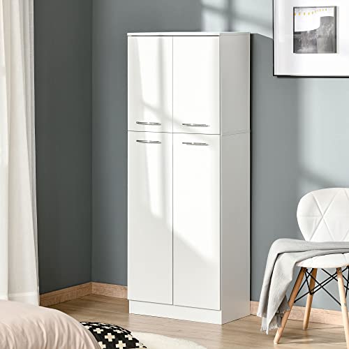 HOMCOM Armario Alto de 2 Puertas Mueble Auxiliar de Almacenaje Multifuncional con 5 Estantes y Baldas Ajustables Moderno para Salón Dormitorio Cocina 59x31x155 cm Blanco