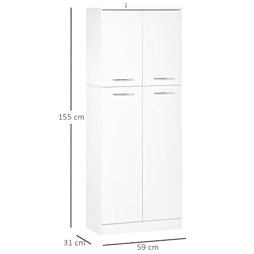 HOMCOM Armario Alto de 2 Puertas Mueble Auxiliar de Almacenaje Multifuncional con 5 Estantes y Baldas Ajustables Moderno para Salón Dormitorio Cocina 59x31x155 cm Blanco