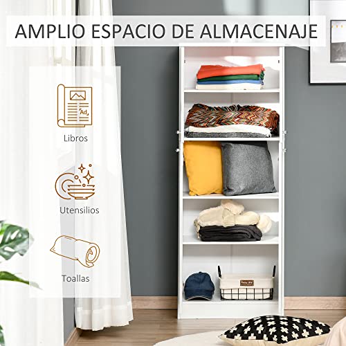 HOMCOM Armario Alto de 2 Puertas Mueble Auxiliar de Almacenaje Multifuncional con 5 Estantes y Baldas Ajustables Moderno para Salón Dormitorio Cocina 59x31x155 cm Blanco