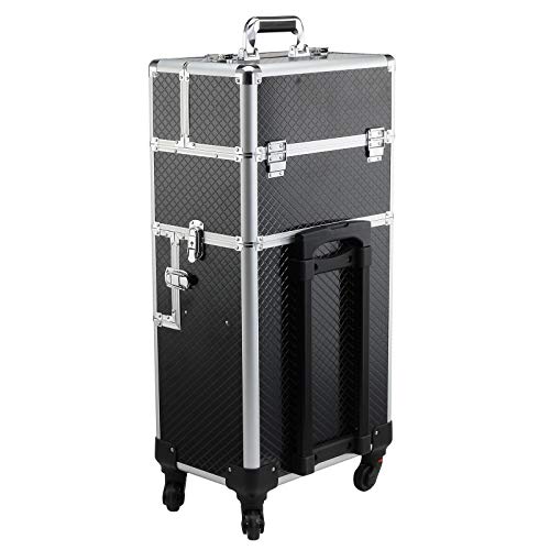 HOMCOM Maleta de Maquillaje Profesional Maletín de Comésticos Desmontable con Ruedas Universales Bandejas Desplegables con Cerradura Fácil de Transportar 36x24x79-107cm Negro