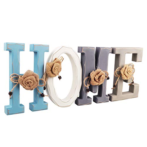 Home Letras Decoración Madera Letras Decorativas Azul Blanco y Gris Hom Escultura de Palabra de Pared Adornos para Salon Modernos Cocina Sala Decoración Regalo de Boda de Inauguración,18 x 12 x 3 cm