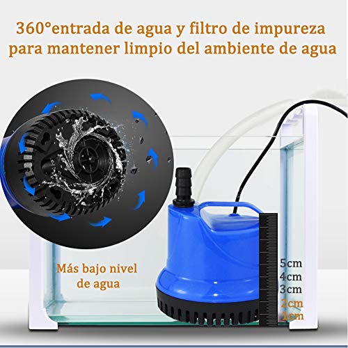 Homvik Bomba de Agua Sumergible 3000L/H 60W con 3 Boquillas Bomba de Agua para Fuente Acuario Estanque Pecera Ultra Silencioso Circulación de Agua Dulce y Marino 3.5m de Altura - Azul