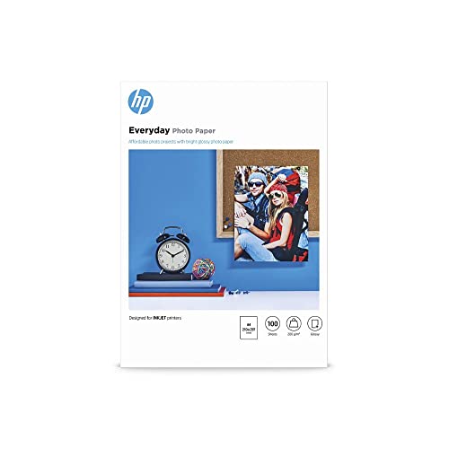 HP Everyday Photo Paper, Q2510A, 100 hojas de papel fotográfico brillante avanzado, compatible con impresoras de inyección de tinta, A4, peso del material de impresión 200 g/m²