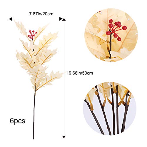 HUAESIN 6pcs Planta de Navidad Artificial Rama de Arbol Decorativa 50cm Arbusto Plastico Dorado con Bayas de Acebo de Navidad Rojas para Fiesta Mesa Boda ARBO de Navidad Jarrone Hogar