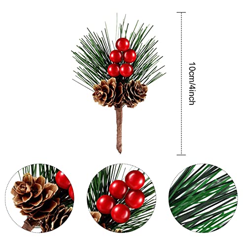 HUYIWEI Ramas de Abeto Artificial,10 Piezas Rama de Pino Artificial Navidad Bayas Rojas,Decoración de Árbol De Navidad con Bayas y Piñas,para Arreglos Florales de Navidad y Decoraciones Navideñas