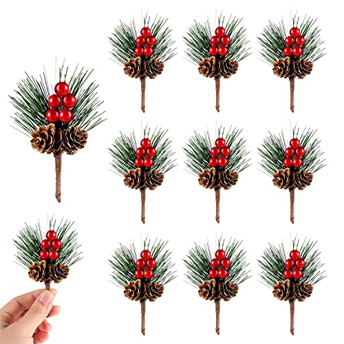 HUYIWEI Ramas de Abeto Artificial,10 Piezas Rama de Pino Artificial Navidad Bayas Rojas,Decoración de Árbol De Navidad con Bayas y Piñas,para Arreglos Florales de Navidad y Decoraciones Navideñas