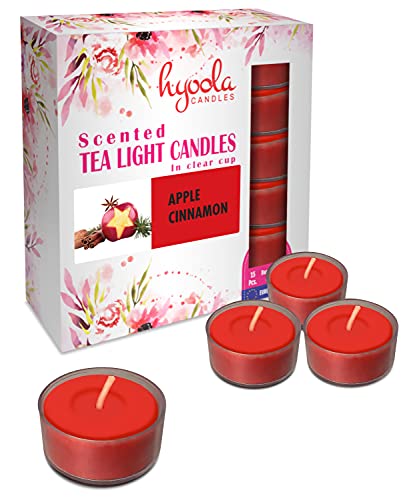 Hyoola Velas de Té Perfumadas - Velas Candelitas en Vaso Transparente - Velas Aromáticas con Aroma a Manzana y Canela - Rojo - 6 Horas de Combustión - Pack de 15 - Hechas en Europa