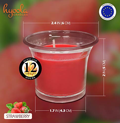 Hyoola Velas Votivas con Perfume - Velas Aromáticas en Vaso Transparente - Velas Perfumadas con Fresa - Rojo - 12 Horas de Combustión - Pack de 4 - Hechas en Europa