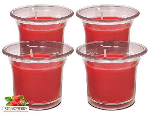 Hyoola Velas Votivas con Perfume - Velas Aromáticas en Vaso Transparente - Velas Perfumadas con Fresa - Rojo - 12 Horas de Combustión - Pack de 4 - Hechas en Europa