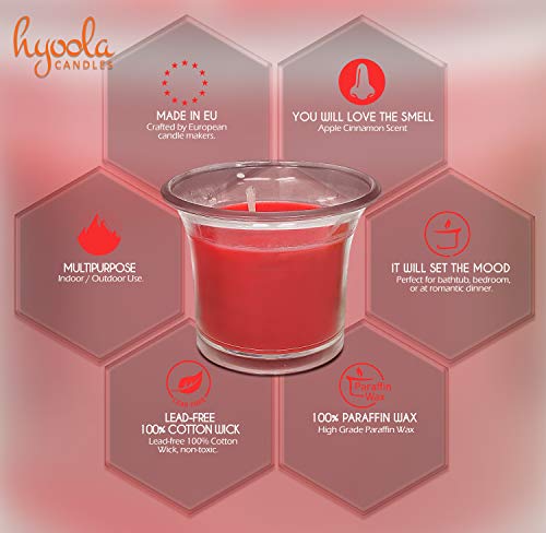 Hyoola Velas Votivas con Perfume - Velas Aromáticas en Vaso Transparente - Velas Perfumadas con Manzana y Canela - Rojo - 12 Horas de Combustión - Pack de 4 - Hechas en Europa