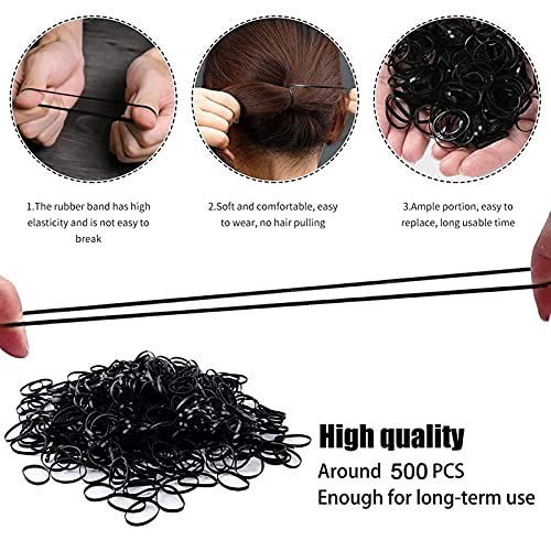 ILamourCar 500 Piezas Goma de Pelo, Gomas de Pelo Niña, Gomas pelo Bebe con 10 Horquillas para el Pelo, Elástico Banda de Pelo para Peinados de Novia, Pequeños Rastas, etc (Negro)