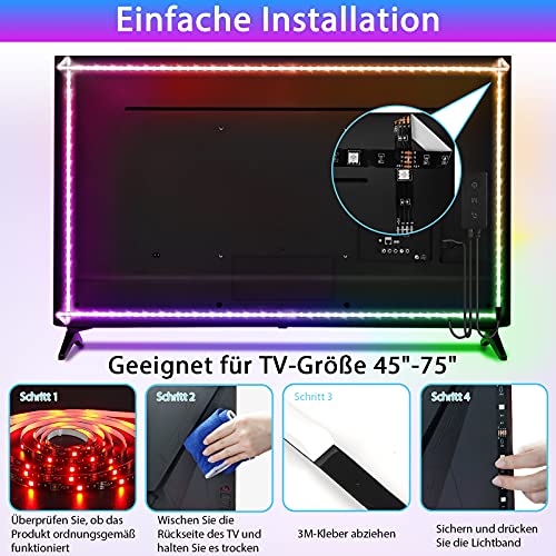 Iluminación de fondo LED para TV, tira RGB 4 m televisores 45 a 75 pulgadas y PC, alimentación por USB, con control aplicación LED, iluminación inteligente sincronizada música