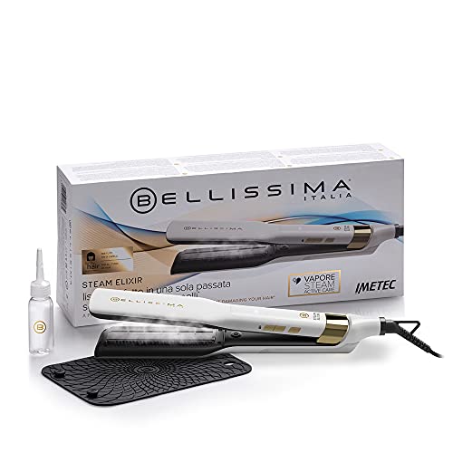 Imetec Bellissima Steam Elixir, Plancha de pelo con vapor, Alisa en una sola pasada sin dañarlo, Revestimiento cerámica y aceite de argán, Calentamiento rápido, 4 temp, alfombrilla termoresistente