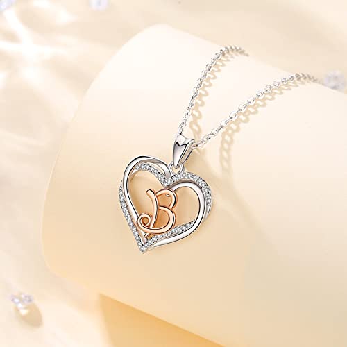 INFUSEU Collar para Mujer con Letra B Joyería, Inicial del Alfabeto Plata de Ley 925 Zirconia Cúbica Colgante de Doble Corazón y Cadena de 20 Pulgadas para Regalos de Nombre Femenino