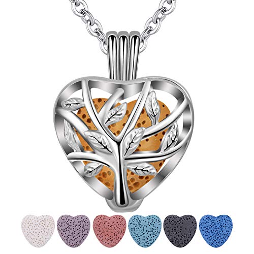 INFUSEU Collares Arbol De La Vida, Aromaterapia Aceites Esenciales Colgante Corazon Perfume De CorazóN Difusor Colgante Con 6 Piezas De Lava Piedras Y Cadena 24" Regalos Para Dama